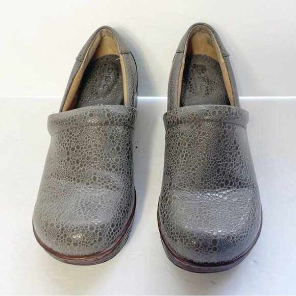 Børn Concept BOC Gray Pebble Shimmer Comfort Slip-On Clogs Sz 9.5 Woodgrain Heel - Picture 3 of 8